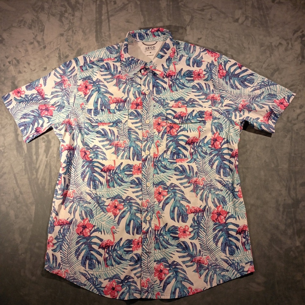 IZOD‎ Saltwater Mens Medium Flamingo Floral Tropical Fishing Shirt Short Sleeve